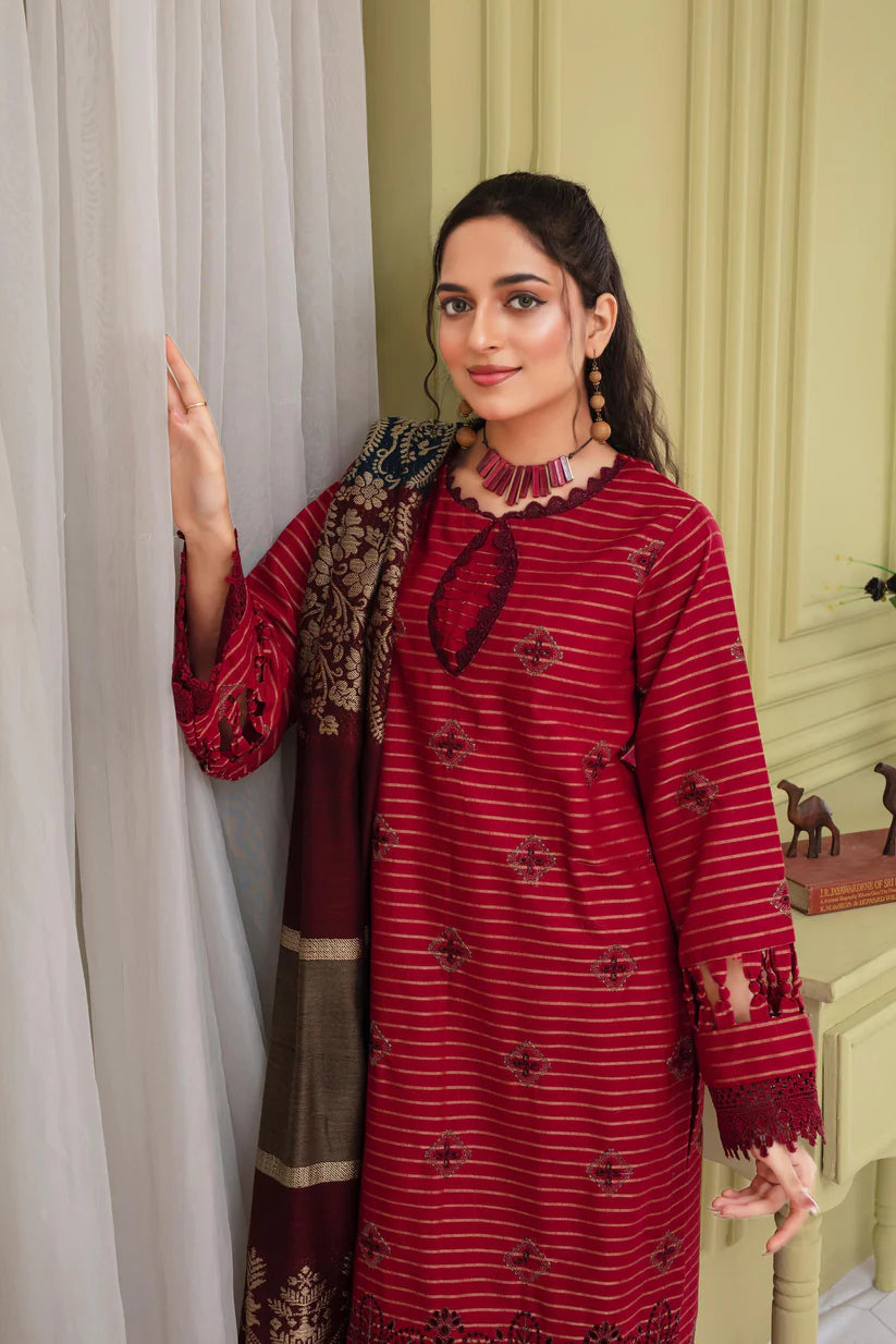 ADR-3PC KHADAR CUTWORK EMBROIDERED SHIRT WITH KASHMIRI JACQUARD WOOL SHAWL-ADR-1503