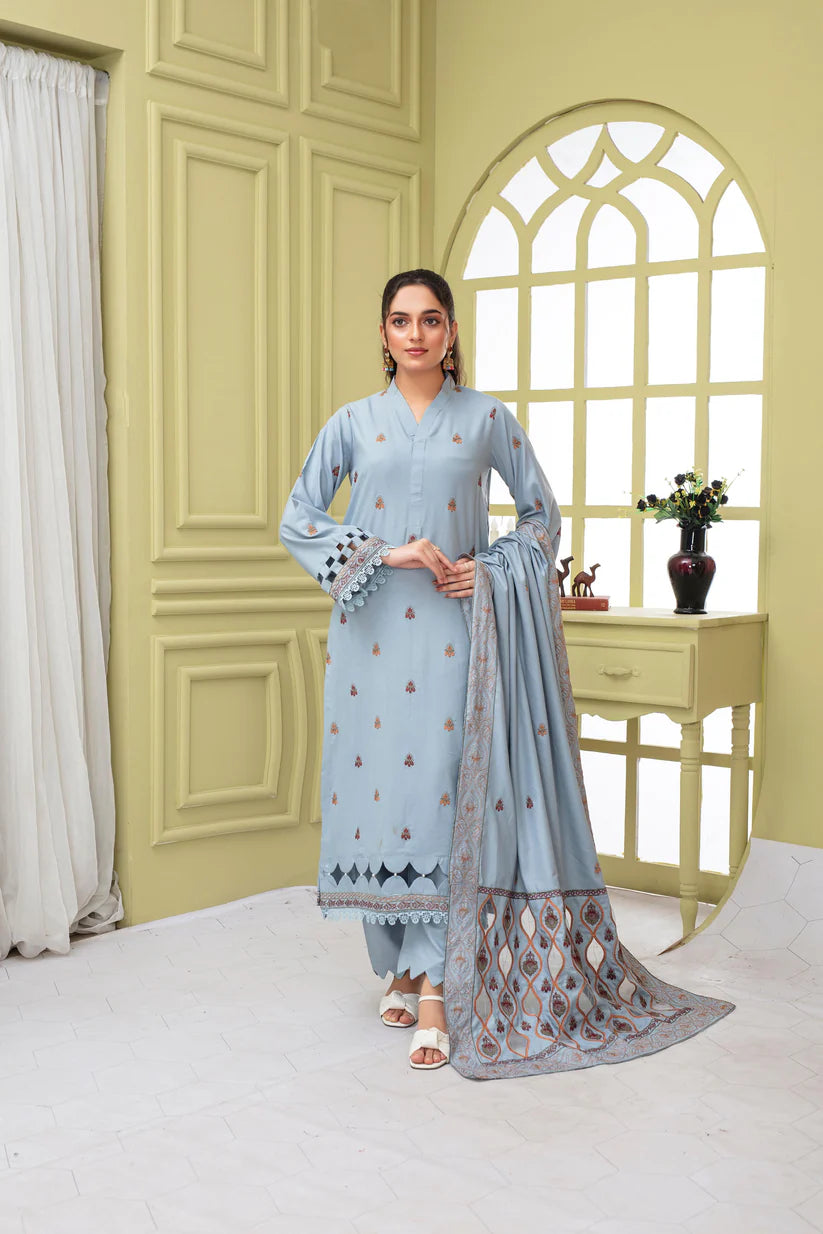 ADR-3PC DHANAK EMBROIDERED SHIRT WITH HEAVY CUTWORK EMBROIDERED DHANAK SHAWL AND TROUSER-ADR -1506