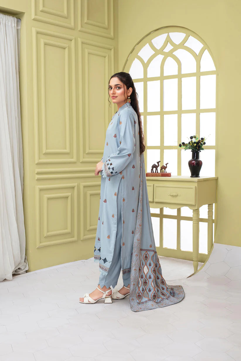 ADR-3PC DHANAK EMBROIDERED SHIRT WITH HEAVY CUTWORK EMBROIDERED DHANAK SHAWL AND TROUSER-ADR -1506