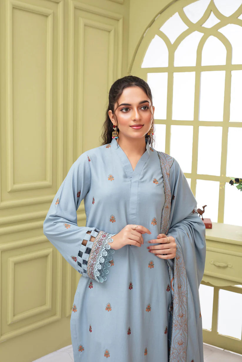 ADR-3PC DHANAK EMBROIDERED SHIRT WITH HEAVY CUTWORK EMBROIDERED DHANAK SHAWL AND TROUSER-ADR -1506