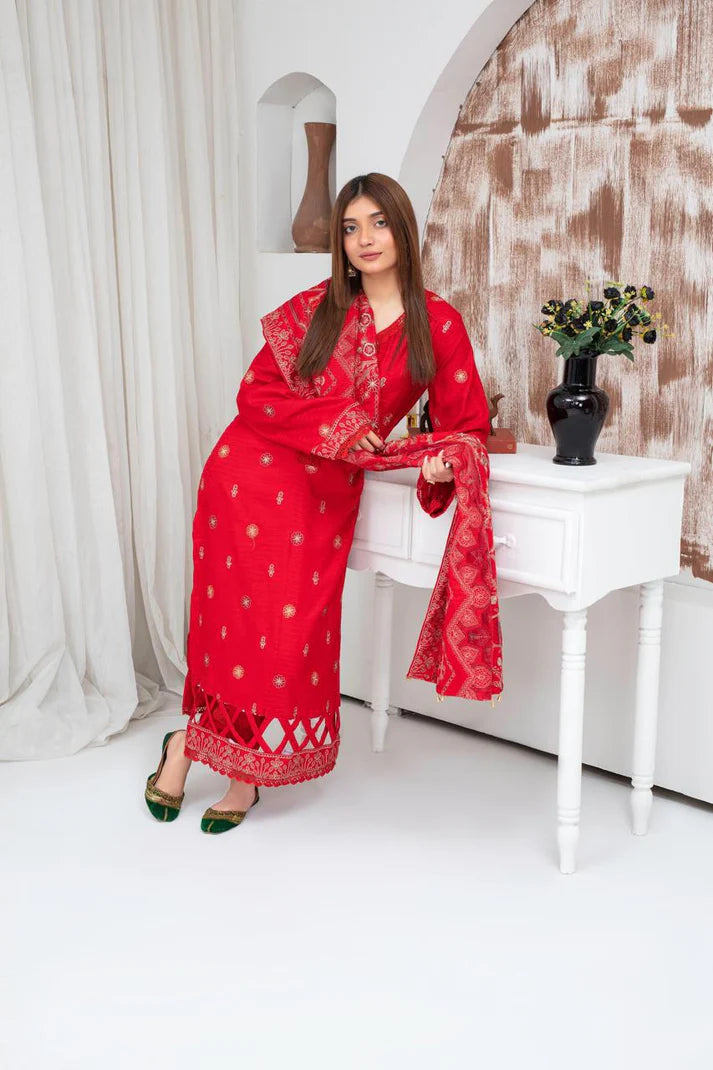 ADR-3PC DHANAK EMBROIDERED SHIRT WITH HEAVY CUTWORK EMBROIDERED DHANAK SHAWL AND TROUSER-ADR-1510