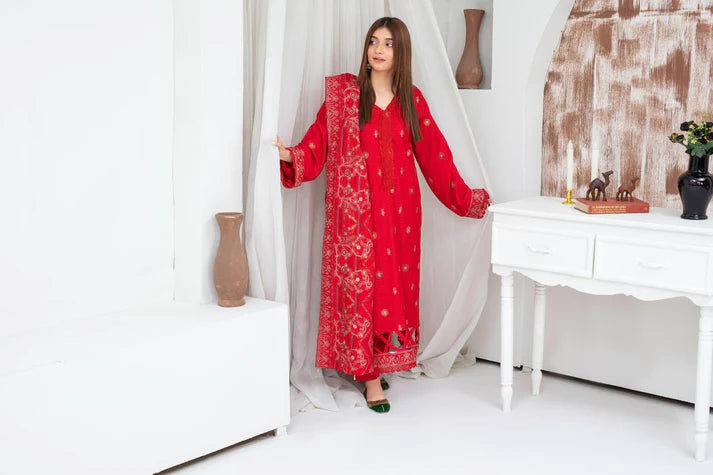 ADR-3PC DHANAK EMBROIDERED SHIRT WITH HEAVY CUTWORK EMBROIDERED DHANAK SHAWL AND TROUSER-ADR-1510