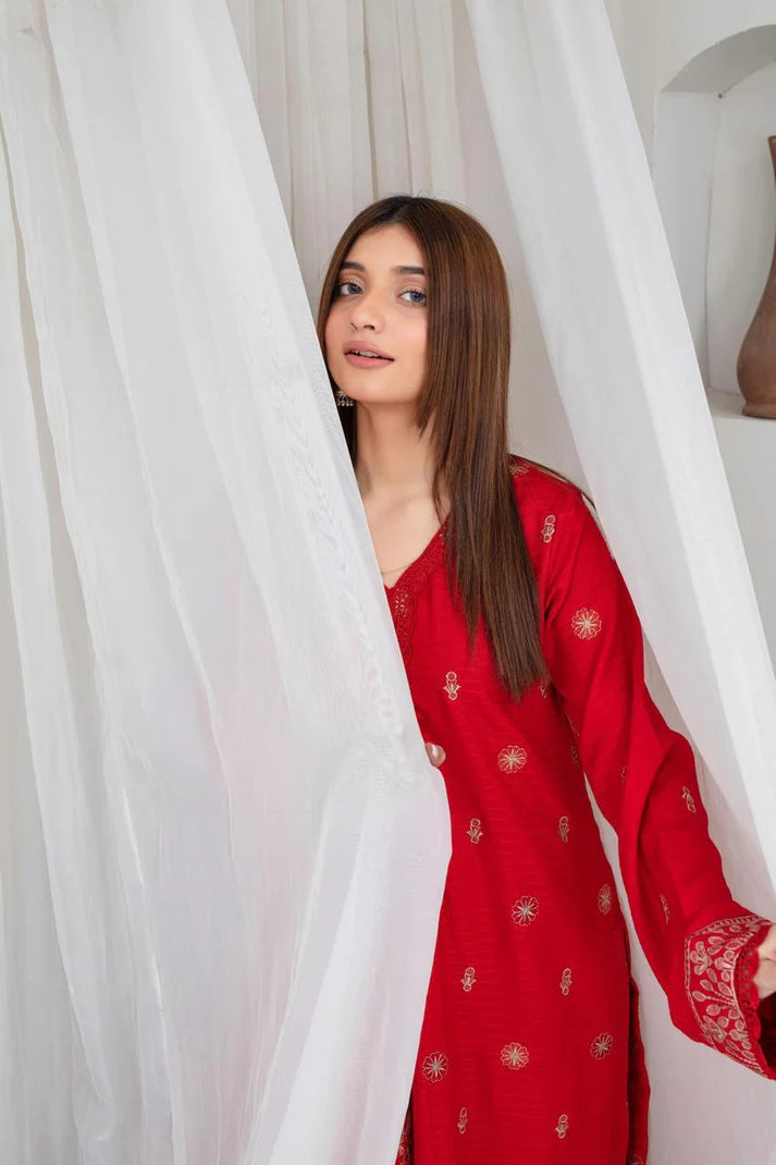 ADR-3PC DHANAK EMBROIDERED SHIRT WITH HEAVY CUTWORK EMBROIDERED DHANAK SHAWL AND TROUSER-ADR-1510