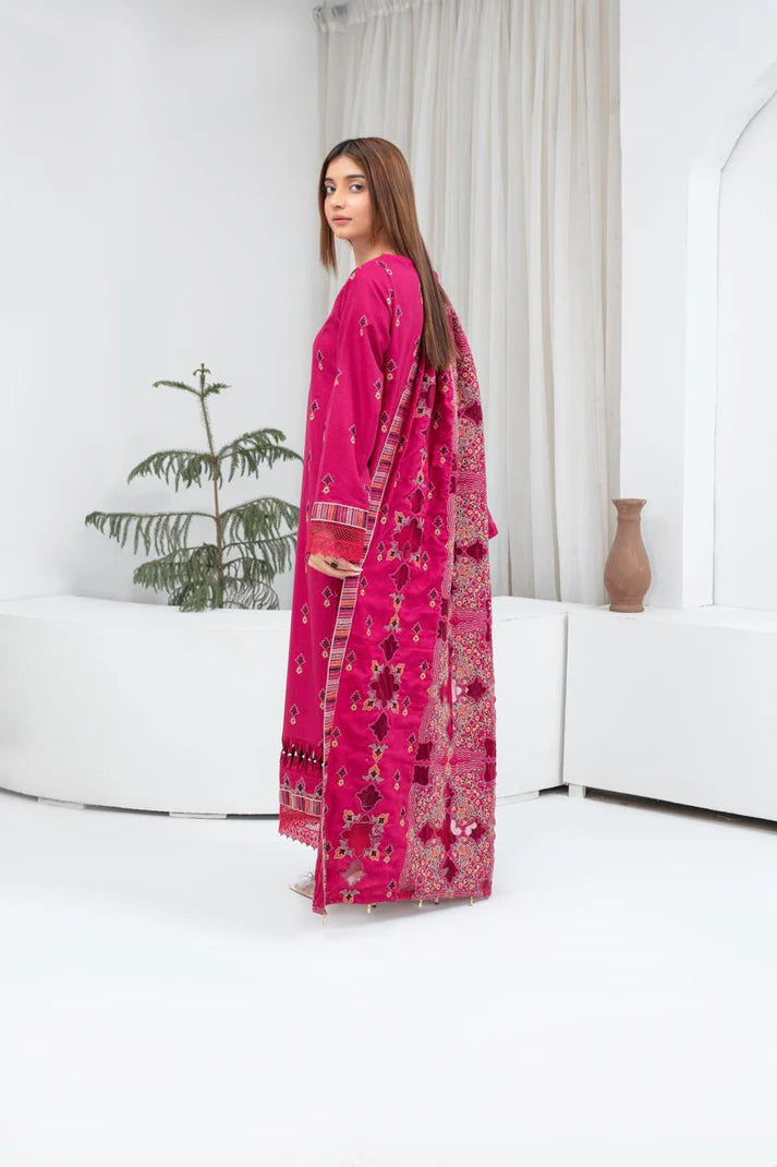 ADR-3PC DHANAK EMBROIDERED SHIRT WITH HEAVY CUTWORK EMBROIDERED DHANAK SHAWL AND TROUSER-ADR-1512