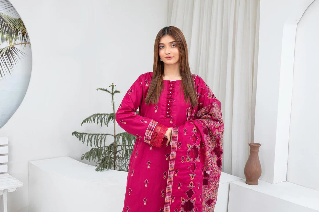 ADR-3PC DHANAK EMBROIDERED SHIRT WITH HEAVY CUTWORK EMBROIDERED DHANAK SHAWL AND TROUSER-ADR-1512
