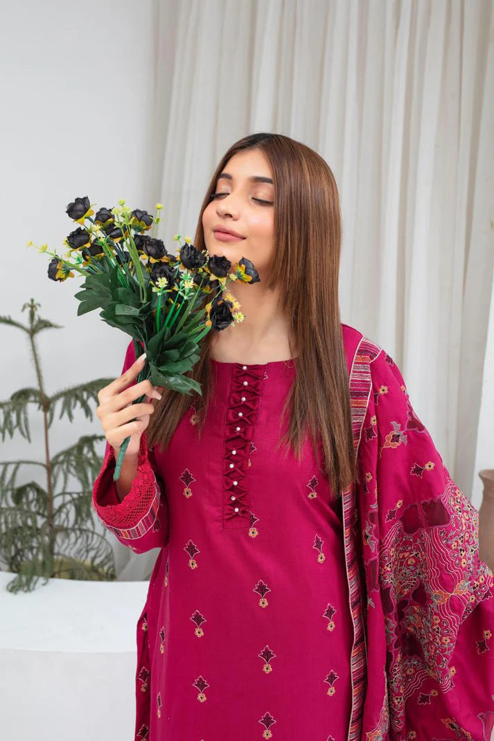 ADR-3PC DHANAK EMBROIDERED SHIRT WITH HEAVY CUTWORK EMBROIDERED DHANAK SHAWL AND TROUSER-ADR-1512