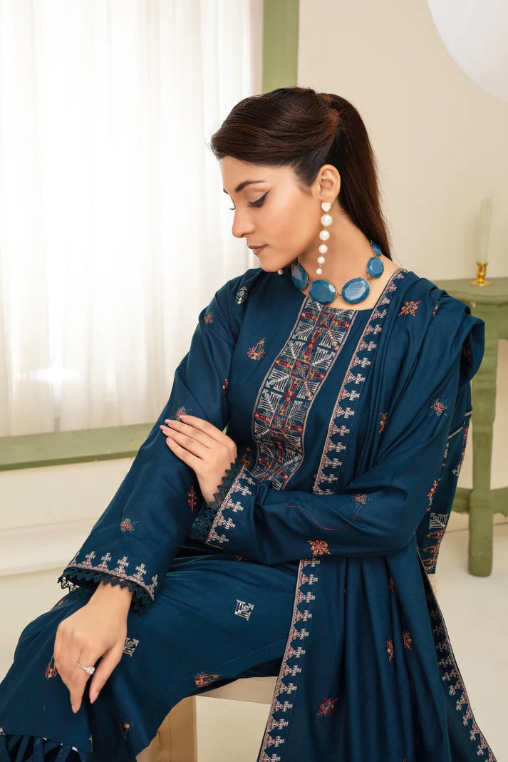 ADR-3PC DHANAK EMBROIDERED SHIRT WITH HEAVY CUTWORK EMBROIDERED DHANAK SHAWL AND TROUSER-ADR-1523