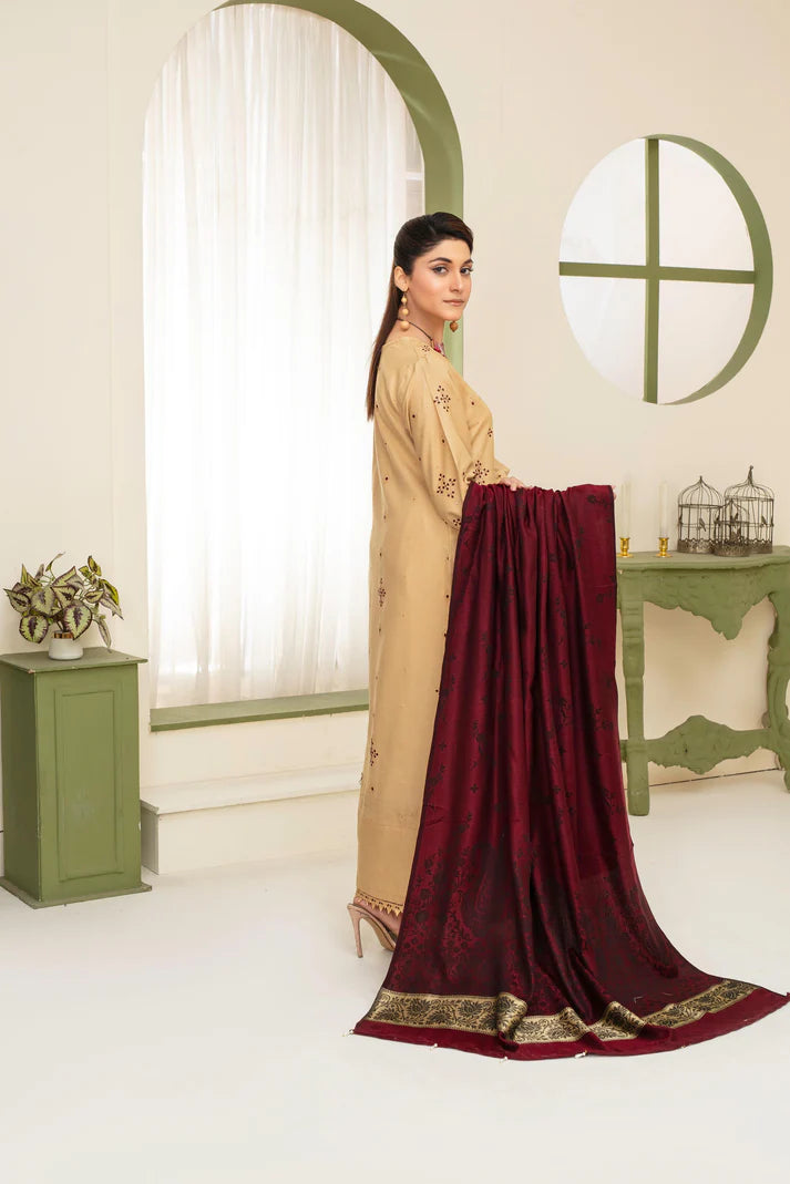 ADR-3PC DHANAK EMBROIDERED SHIRT WITH KASHMIRI JACQUARD WOOL SHAWL-ADR-1515