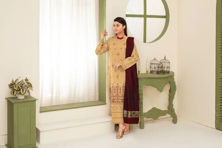 ADR-3PC DHANAK EMBROIDERED SHIRT WITH KASHMIRI JACQUARD WOOL SHAWL-ADR-1515
