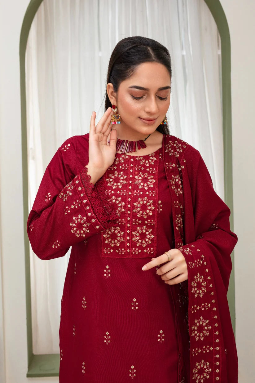 ADR-3PC DHANAK EMBROIDERED SHIRT WITH HEAVY CUTWORK EMBROIDERED DHANAK SHAWL AND TROUSER-ADR-1514
