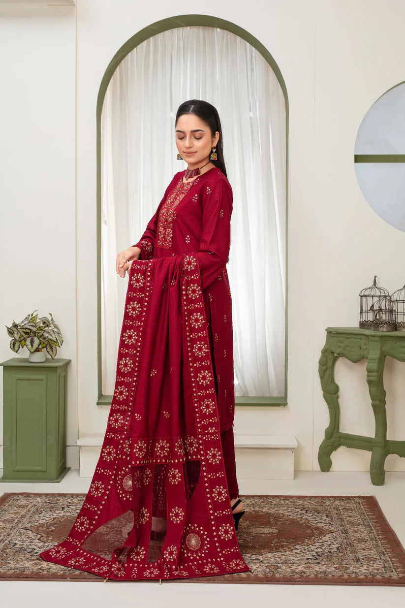 ADR-3PC DHANAK EMBROIDERED SHIRT WITH HEAVY CUTWORK EMBROIDERED DHANAK SHAWL AND TROUSER-ADR-1514