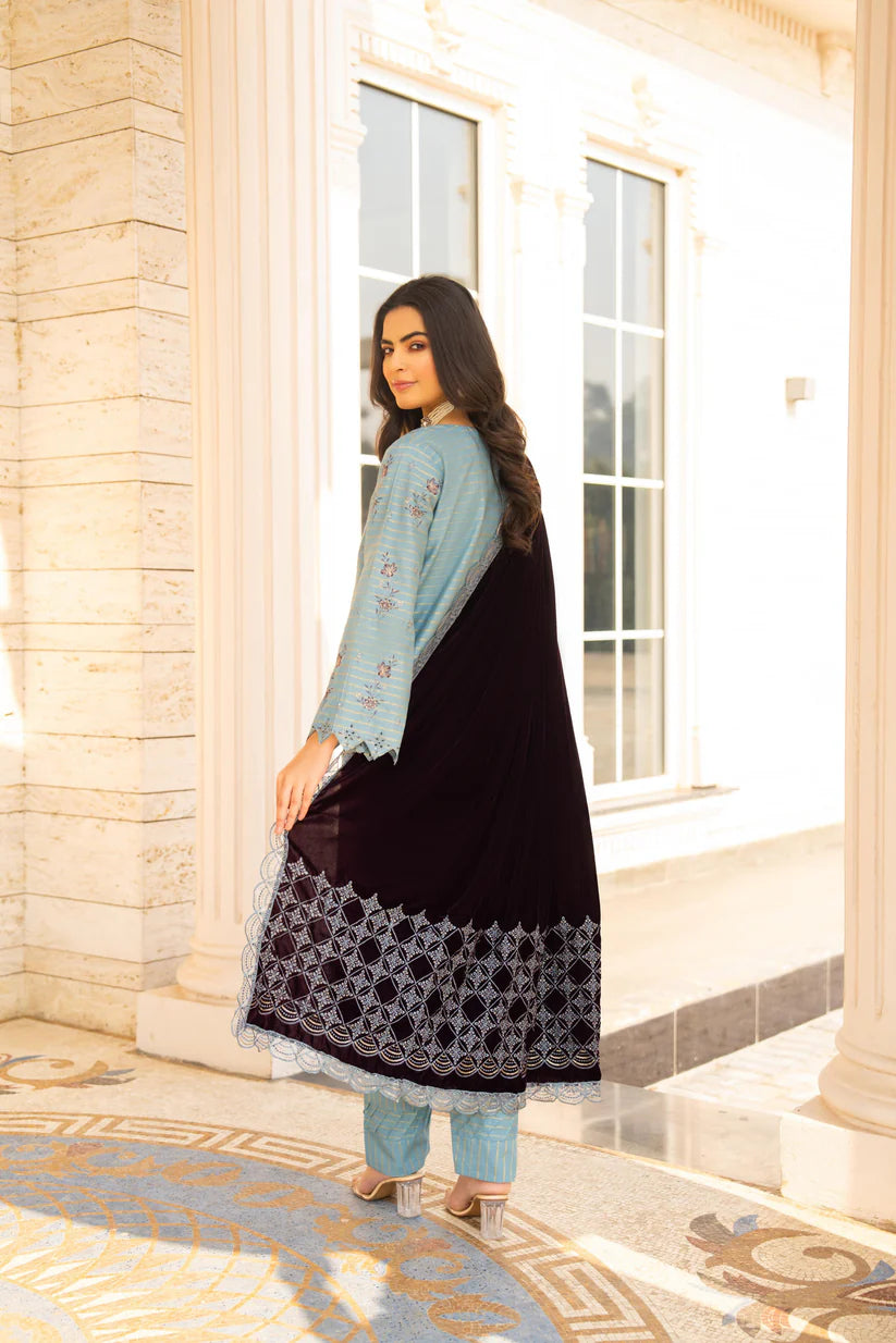 ADORE-3PC KHADDAR EMBROIDERED SHIRT WITH VELVET EMBROIDERED READY TO WEAR SHAWL-1522
