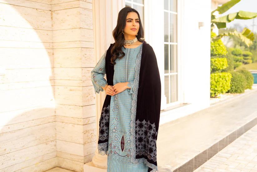 ADORE-3PC KHADDAR EMBROIDERED SHIRT WITH VELVET EMBROIDERED READY TO WEAR SHAWL-1522