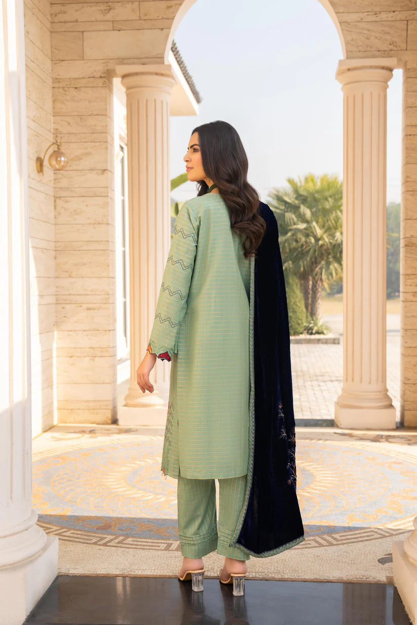 ADORE-3PC KHADDAR EMBROIDERED SHIRT WITH VELVET EMBROIDERED READY TO WEAR SHAWL-1525