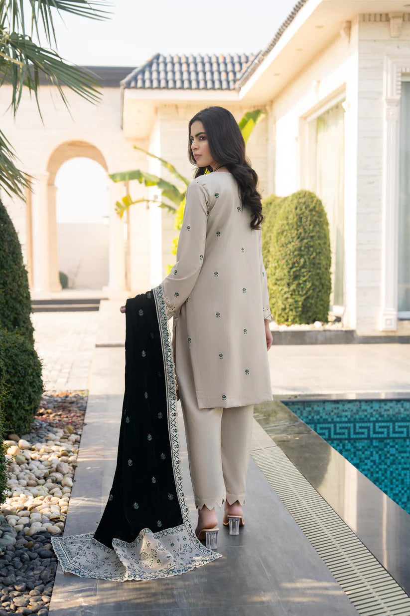 ADORE-3PC DHANAK EMBROIDERED SHIRT WITH VELVET EMBROIDERED READY TO WEAR SHAWL-1520