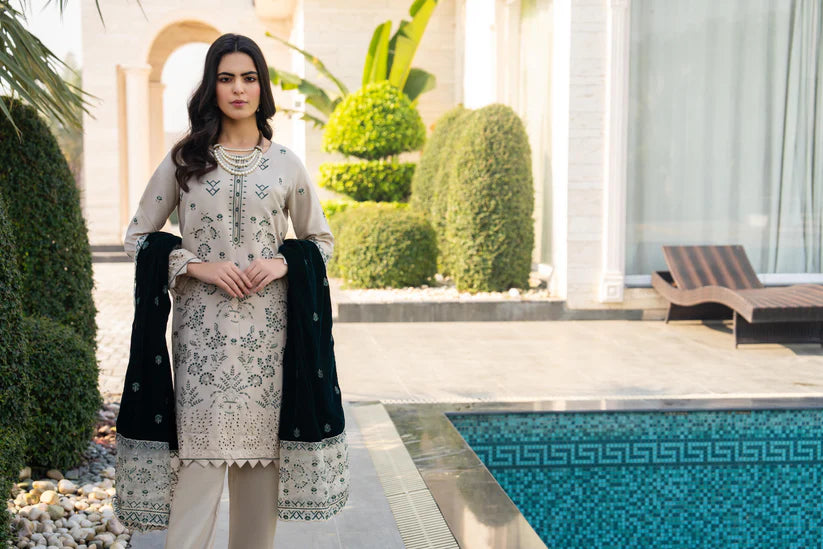 ADORE-3PC DHANAK EMBROIDERED SHIRT WITH VELVET EMBROIDERED READY TO WEAR SHAWL-1520