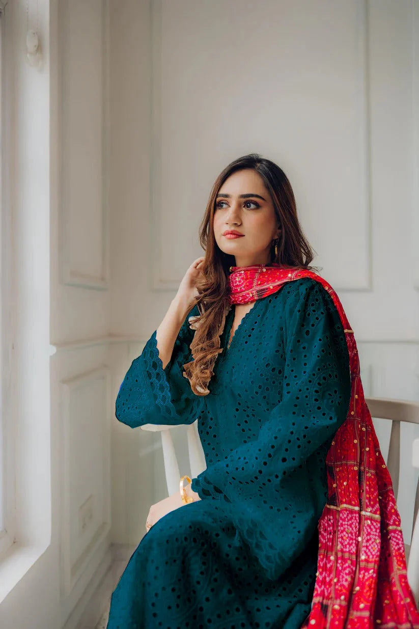 MARIA B-3PC CHIKANKAARI LAWN EMBROIDERED SHIRT WITH CHUNRI PRINT DUPATTA AND TROUSER-ADR-
