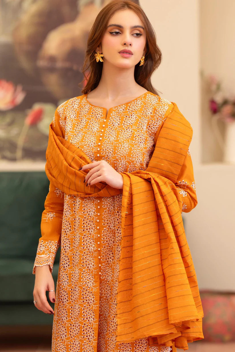 MIRAKHI - 3PC LAWN CHIKENKAARI EMBROIDERED SHIRT WITH LAWN TUBE SLUB DUPATTA AND TROUSER-ADR-