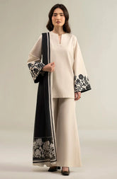 SAPPHIRE-3PC DHANAK SHIRT WITH DHANAK EMBROIDERED SLEEVES & PRINTED SHAWL-BI-4068
