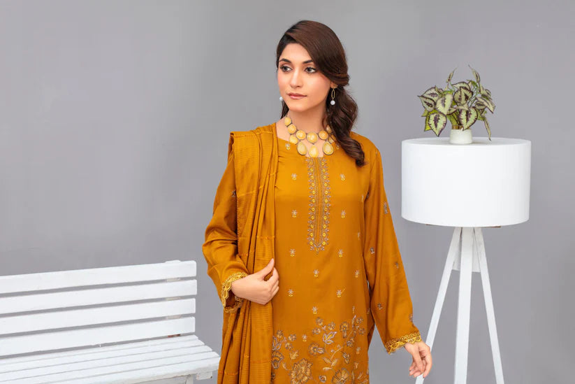 ADR-3PC Dhanak Embroidered Shirt with Velvet Dhanak Shawl and Trouser-ADR-2678- Y