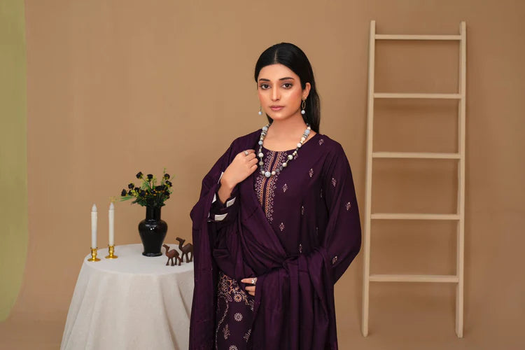ADORE-3PC Dhanak Embroidered Shirt with Velvet Dhanak Shawl and Trouser-ADR-PLUM