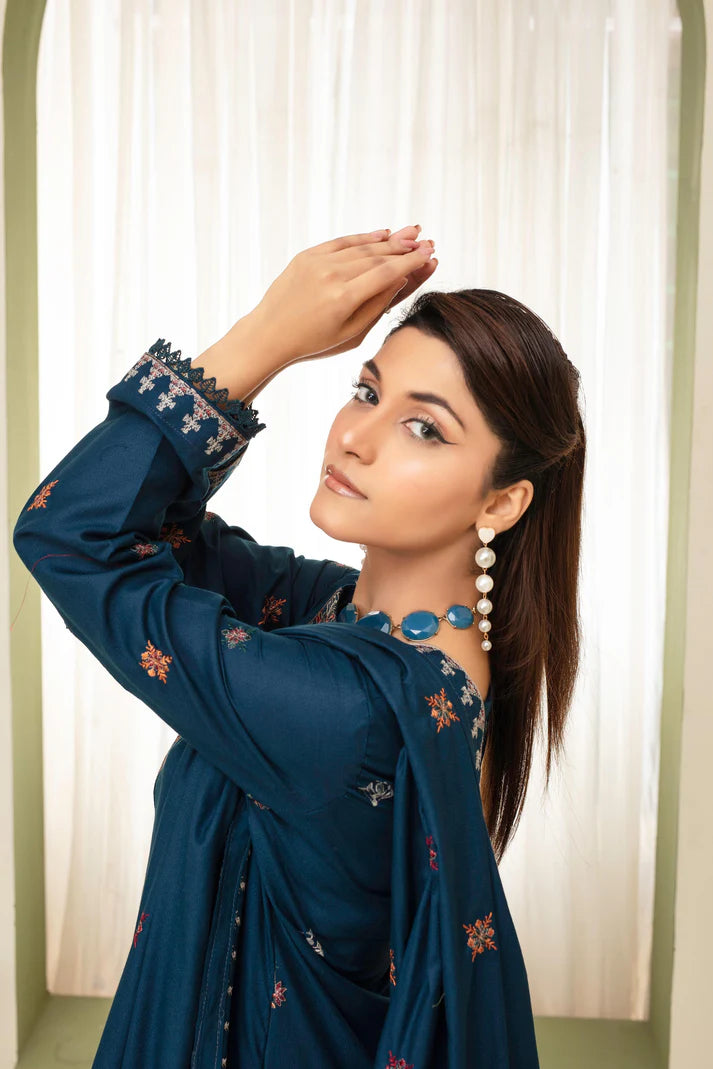 ADR-3PC DHANAK EMBROIDERED SHIRT WITH HEAVY CUTWORK EMBROIDERED DHANAK SHAWL AND TROUSER-ADR-1523
