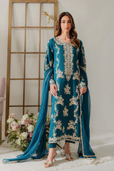 VINTAGE-3PC DHANAK EMBROIDERED SHIRT WITH BAMBER CHIFFON DUPATTA AND TROUSER-ADR-4245