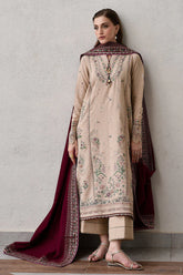 ZAIB-3PC DHANAK EMBROIDERED SHIRT WITH DHANAK EMBROIDERED SHAWL AND TROUSER-ADR-4345