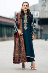 IZEL-3PC DHANAK EMBROIDERED SHIRT WITH COURTRAI PRINTED SHAWL & TROUSER-ADR-4226