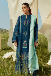 ZARA SHAHJAHAN- 3PC KHADDAR EMBROIDERED SHIRT WITH COURTAI WOOL PRINT SHAWL AND TROUSER-ADR-3337