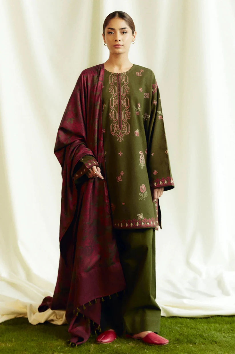 ZARA SHAH JAHAN- 3PC DHANAK EMBROIDERED SHIRT WITH COURTRAI PRINTED SHAWL AND TROUSER-ADR-4046