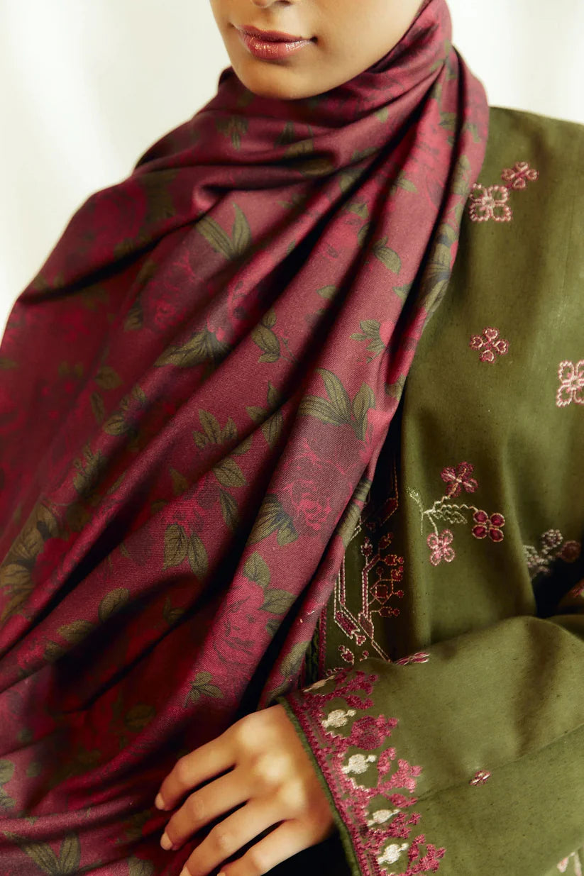 ZARA SHAH JAHAN- 3PC DHANAK EMBROIDERED SHIRT WITH COURTRAI PRINTED SHAWL AND TROUSER-ADR-4046