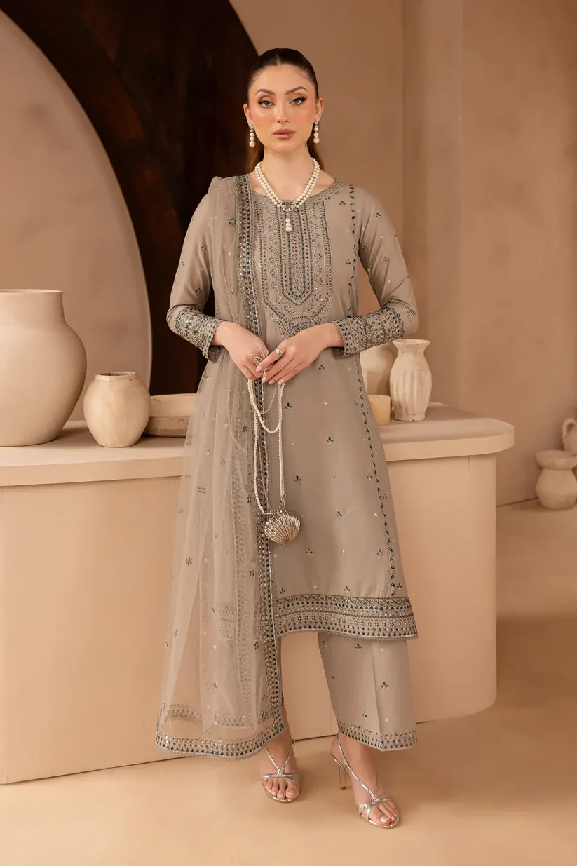 BATIK-3PC DHANAK EMBROIDERED SHIRT WITH ORGANZA EMBROIDERED DUPATTA AND EMB TROUSER-ADR-4120