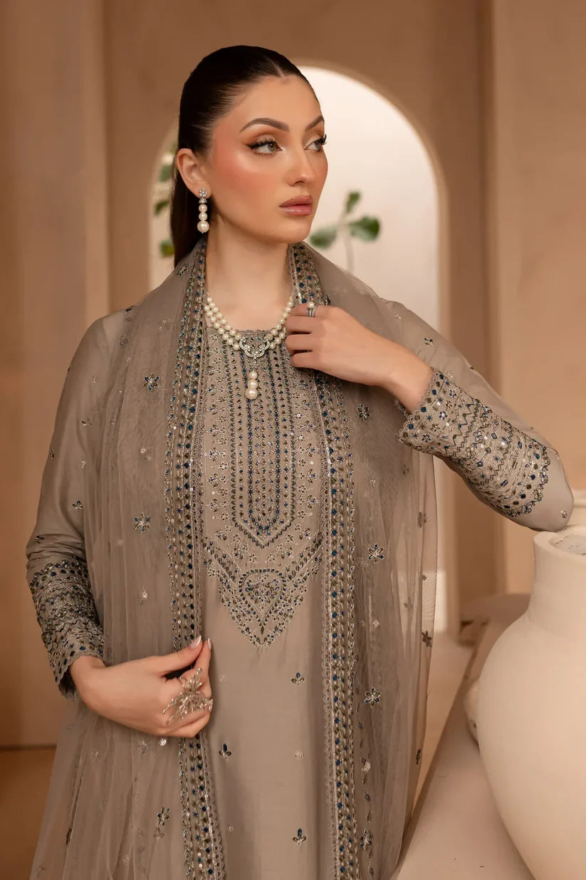 BATIK-3PC DHANAK EMBROIDERED SHIRT WITH ORGANZA EMBROIDERED DUPATTA AND EMB TROUSER-ADR-4120