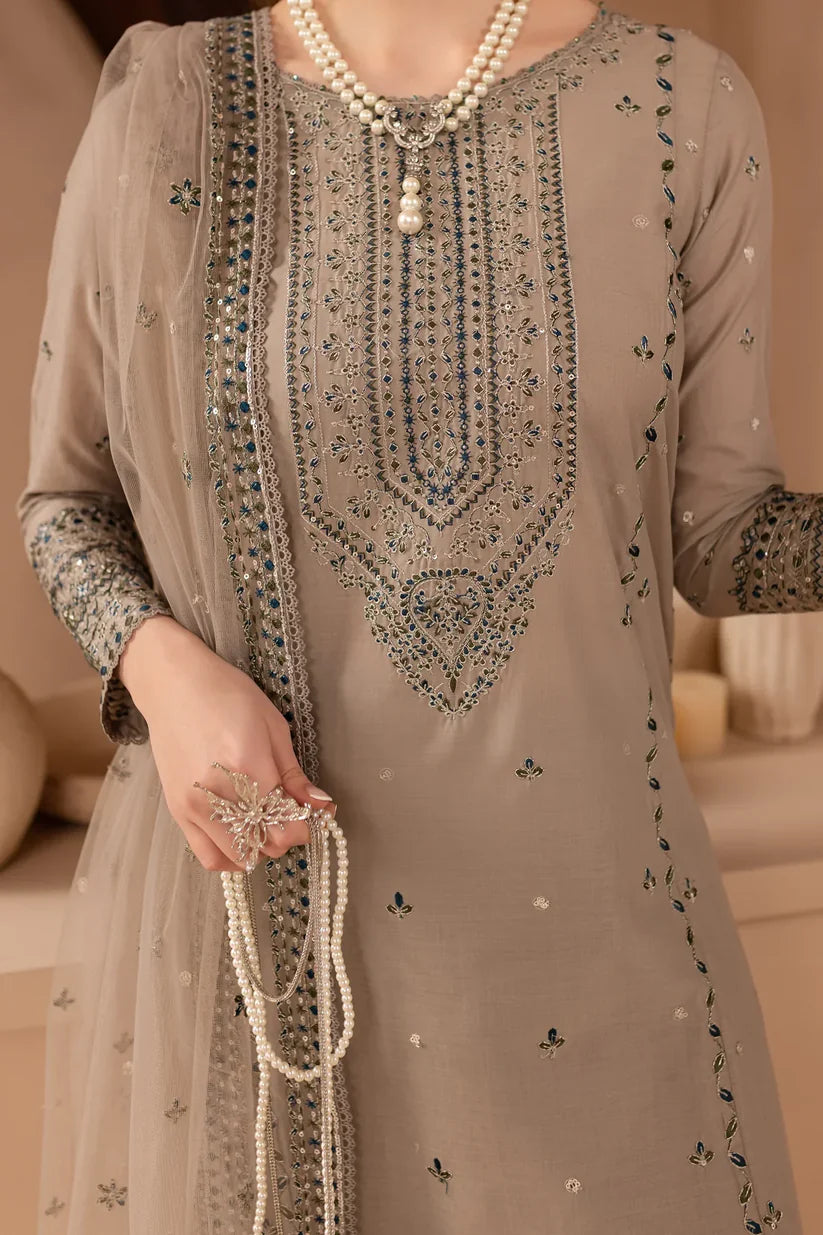 BATIK-3PC DHANAK EMBROIDERED SHIRT WITH ORGANZA EMBROIDERED DUPATTA AND EMB TROUSER-ADR-4120