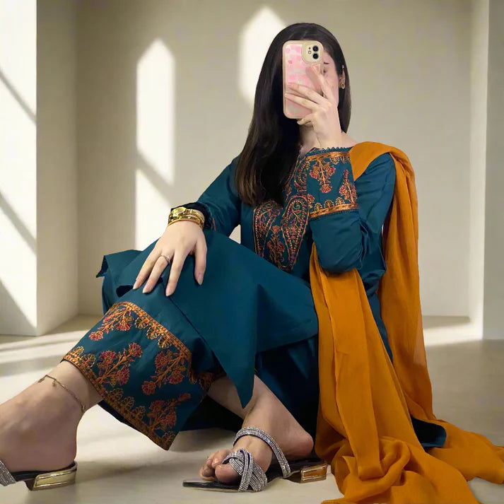 ADORE-3PC DHANAK EMBROIDRED SHIRT WITH WOOL SHAWL AND TROUSER-ADR-3290 B