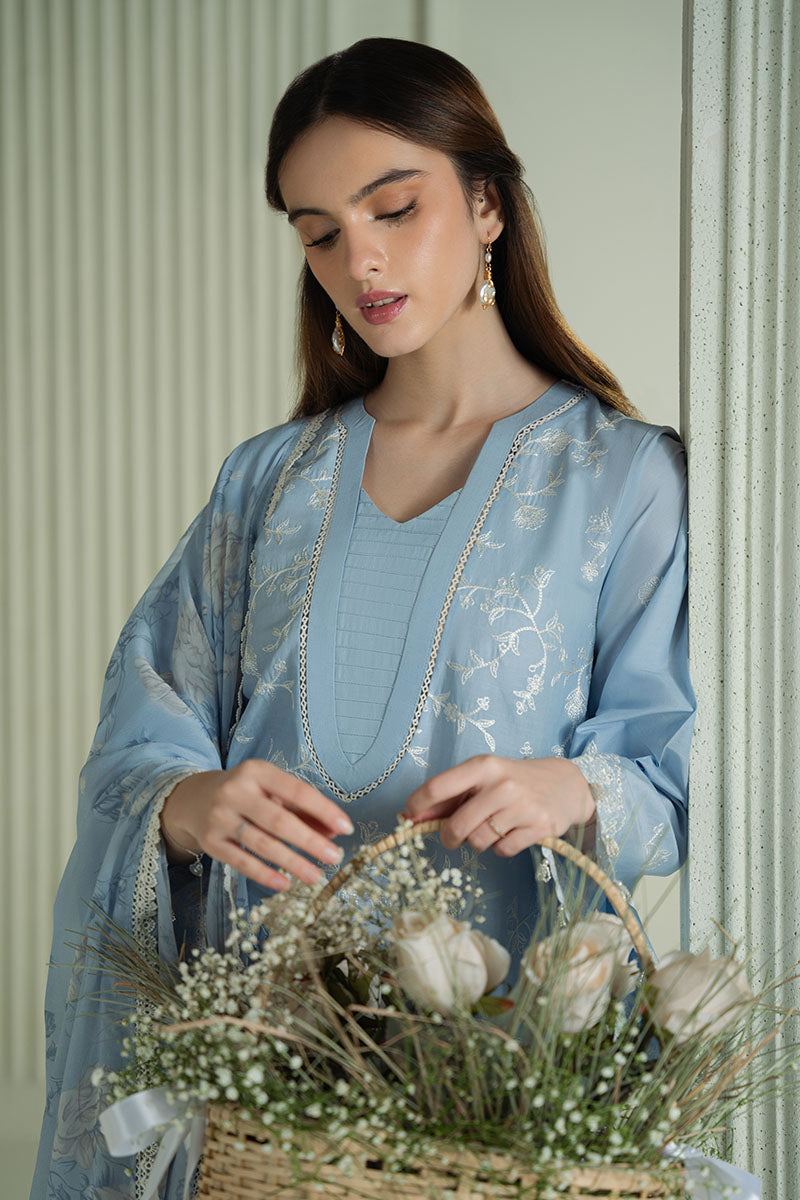CROSS STITCH-3PC DHANAK EMBROIDERED SHIRT WITH COUTRAI PRINTED SHAWL AND TROUSER-ADR-4109