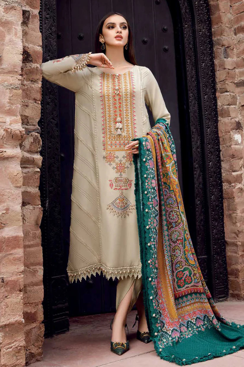 MARIA.B-3PC DHANAK EMBROIDERED SHIRT WITH COUTRAI PRINTED SHAWL AND TROUSER-ADR-4030