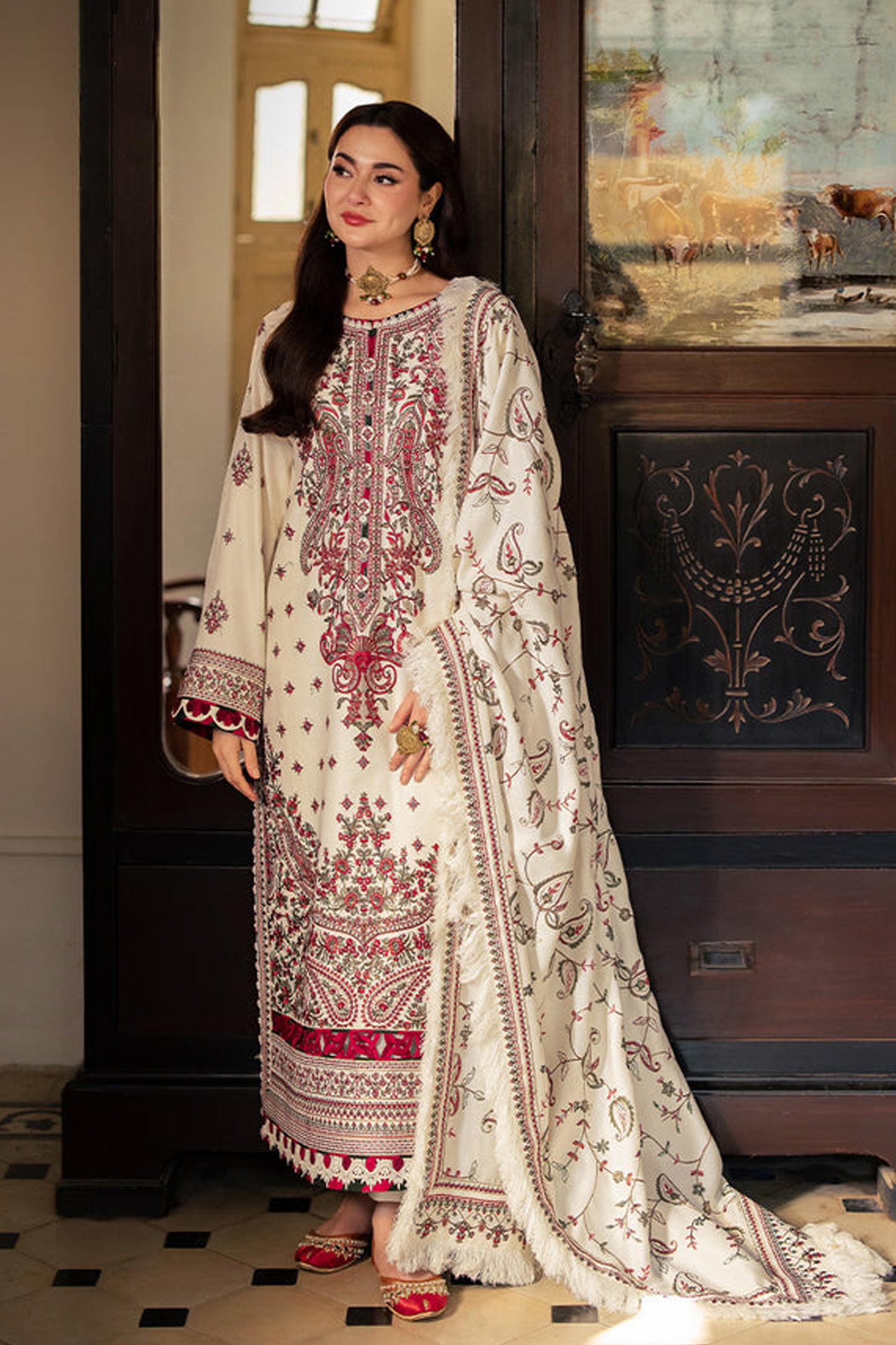 ASIM JOFA-3PC DHANAK SEQUENCE EMBROIDERED SHIRT WITH DHANAK EMBROIDERED SHAWL & DHANAK TOUSER-ADR-4060