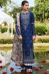 HUSSAIN REHAR-3PC DHANAK EMBROIDRED SHIRT WITH COURTURAI PRINTED SHAWL AND TROUSER-ADR-3159