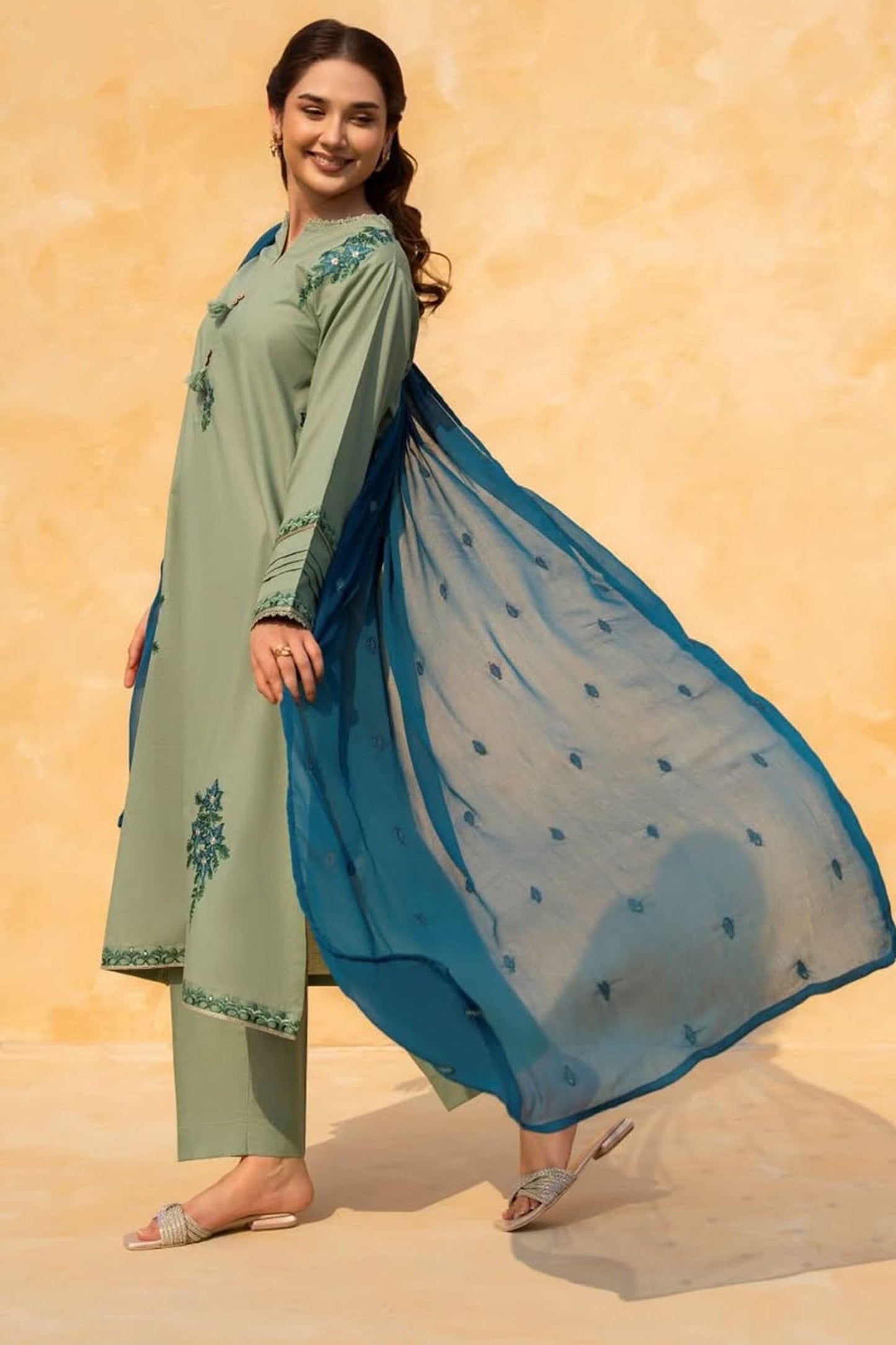 LAZULI-3PC LAWN EMBROIDERED SHIRT WITH CHIFFON EMBROIDERED DUPATTA AND TROUSER-ADR