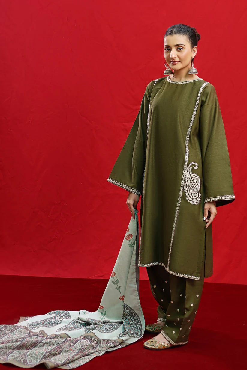 Urge- 3PC Dhanak Embroidered Shirt With Dhanak Twil Print Wool Shawl & Trouser-ADR-3361