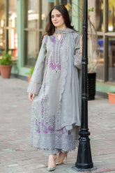 LIBAAS-3PC DHANAK EMBROIDERED SHIRT WITH CHIFFON EMBROIDERED DUPATTA AND TROUSER ADR-5211