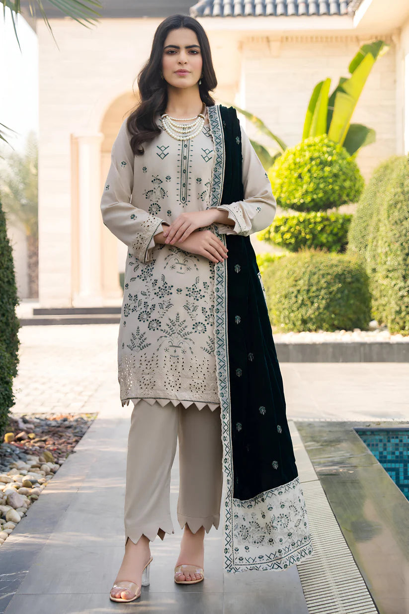 ADORE-3PC DHANAK EMBROIDERED SHIRT WITH VELVET EMBROIDERED READY TO WEAR SHAWL-1520