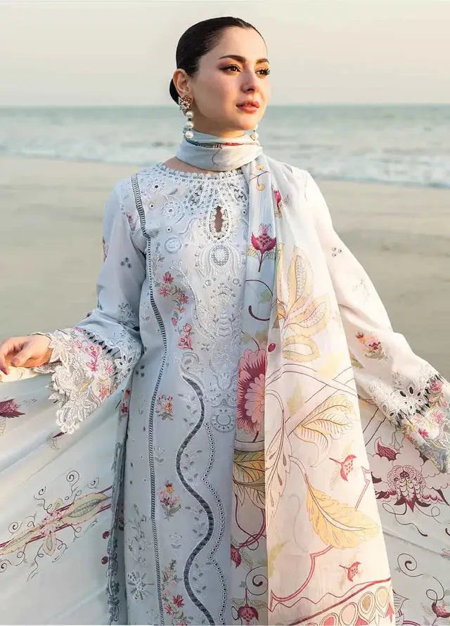 QALAMQAR - 3PC LAWN EMBROIDERED SHIRT WITH MONARK PRINTED DUPATTA AND TROUSER-ADR-3663