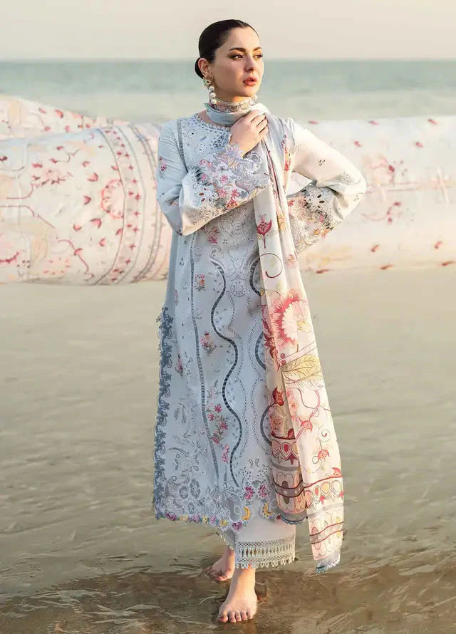 QALAMQAR - 3PC LAWN EMBROIDERED SHIRT WITH MONARK PRINTED DUPATTA AND TROUSER-ADR-3663