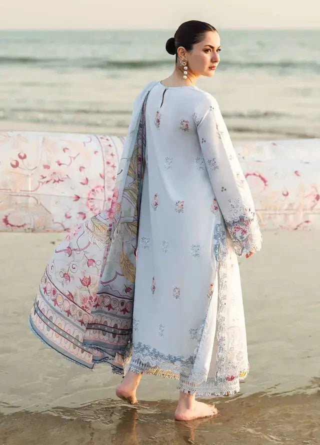 QALAMQAR - 3PC LAWN EMBROIDERED SHIRT WITH MONARK PRINTED DUPATTA AND TROUSER-ADR-3663