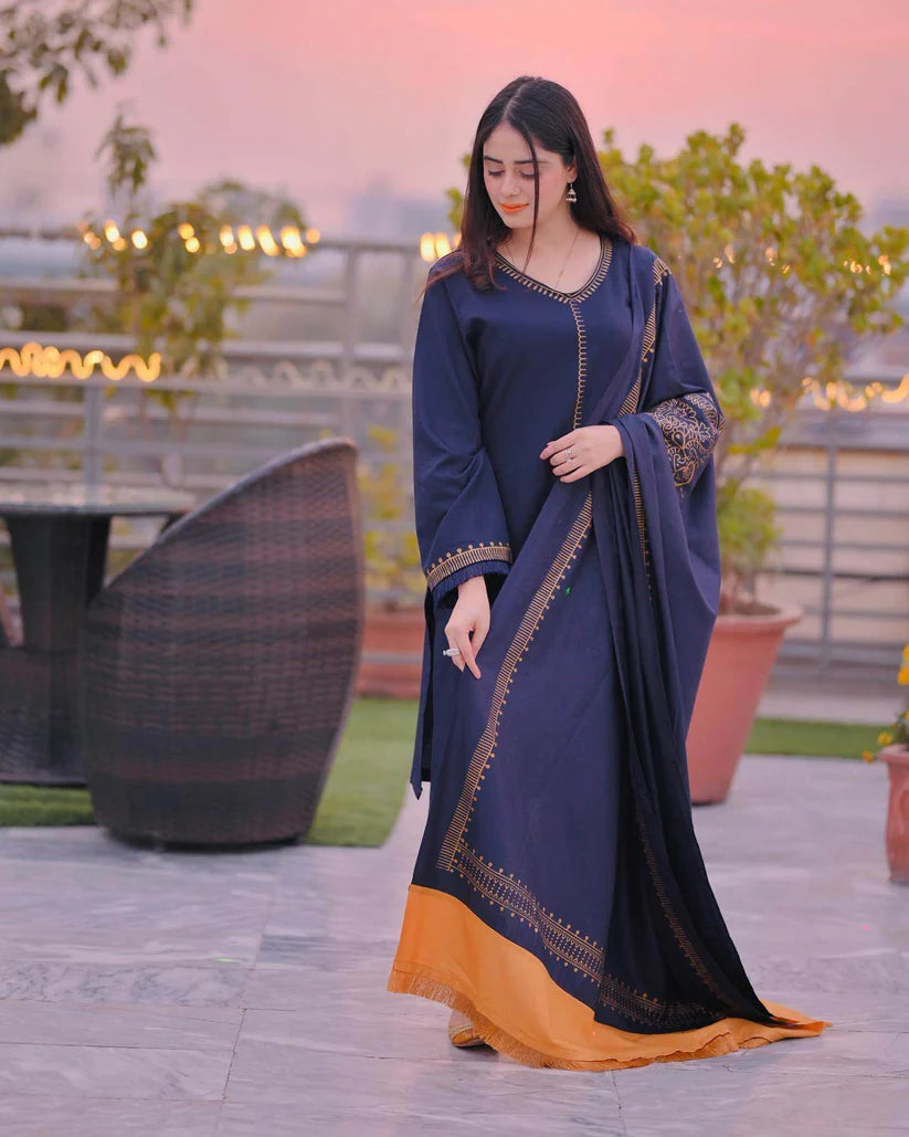 AISLING - 3PC DHANAK EMBROIDERED SHIRT WITH TWILL PRINTED SHAWL AND TROUSER-ADR-3182