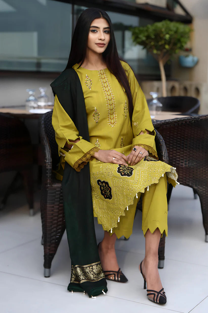 ADORE-3PC KHADDAR CUTWORK EMBROIDERED SHIRT WITH KASHMIRI JACQUARD WOOL SHAWL-ADR-1514