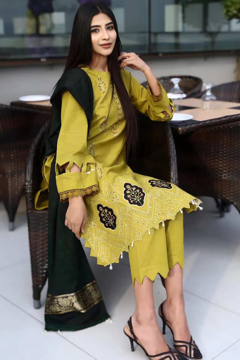 ADORE-3PC KHADDAR CUTWORK EMBROIDERED SHIRT WITH KASHMIRI JACQUARD WOOL SHAWL-ADR-1514